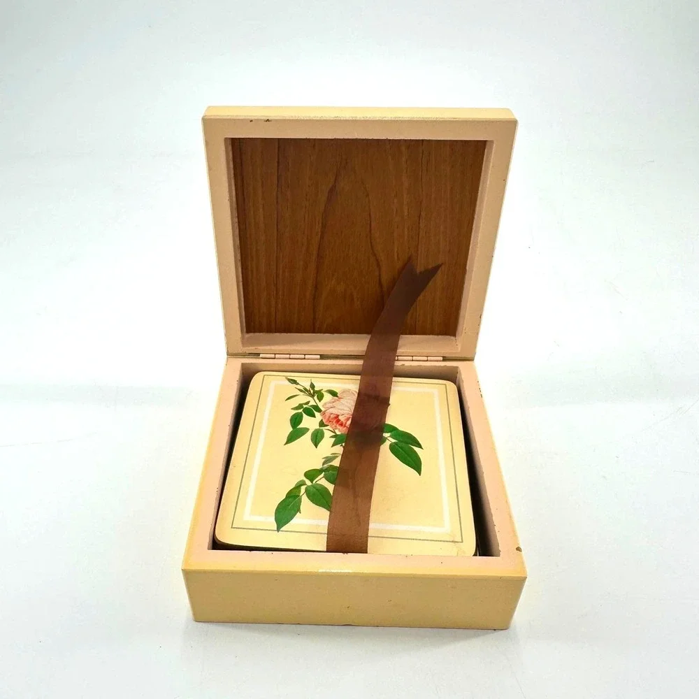 Vintage Botanical Rose Coaster Set of 6 Cottagecore Wooden Storage Box Cork Back